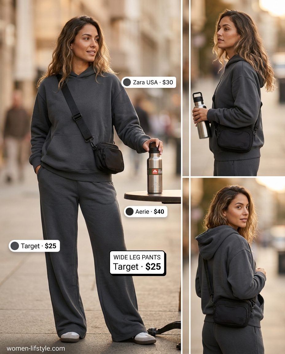 Athleisure summer outfits 2026: Grey lounge pants, grey hoodie, white sneakers, and black crossbody bag.