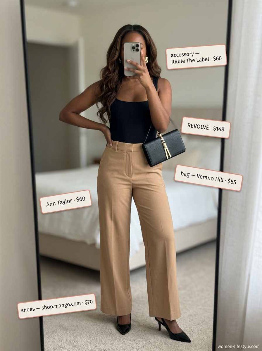 Black wide leg pants outfit with bodysuit and heels for evening summer outfits 2026. Sophisticated and chic.