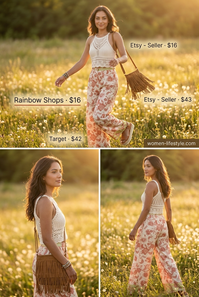 Boho summer outfits 2026: Floral wide leg pants, white crochet halter top, fringe crossbody bag, and espadrille sandals.