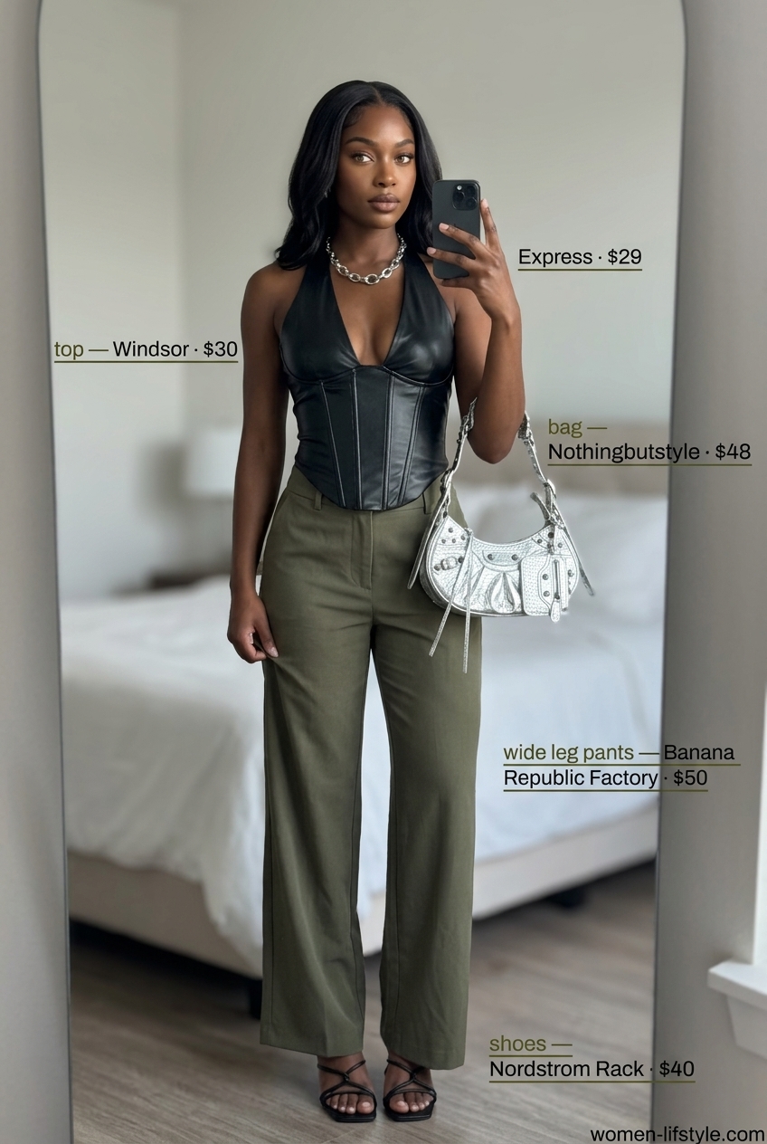 Edgy summer outfits 2026: Olive wide leg pants, black corset top, black heeled sandals, silver chain necklace.