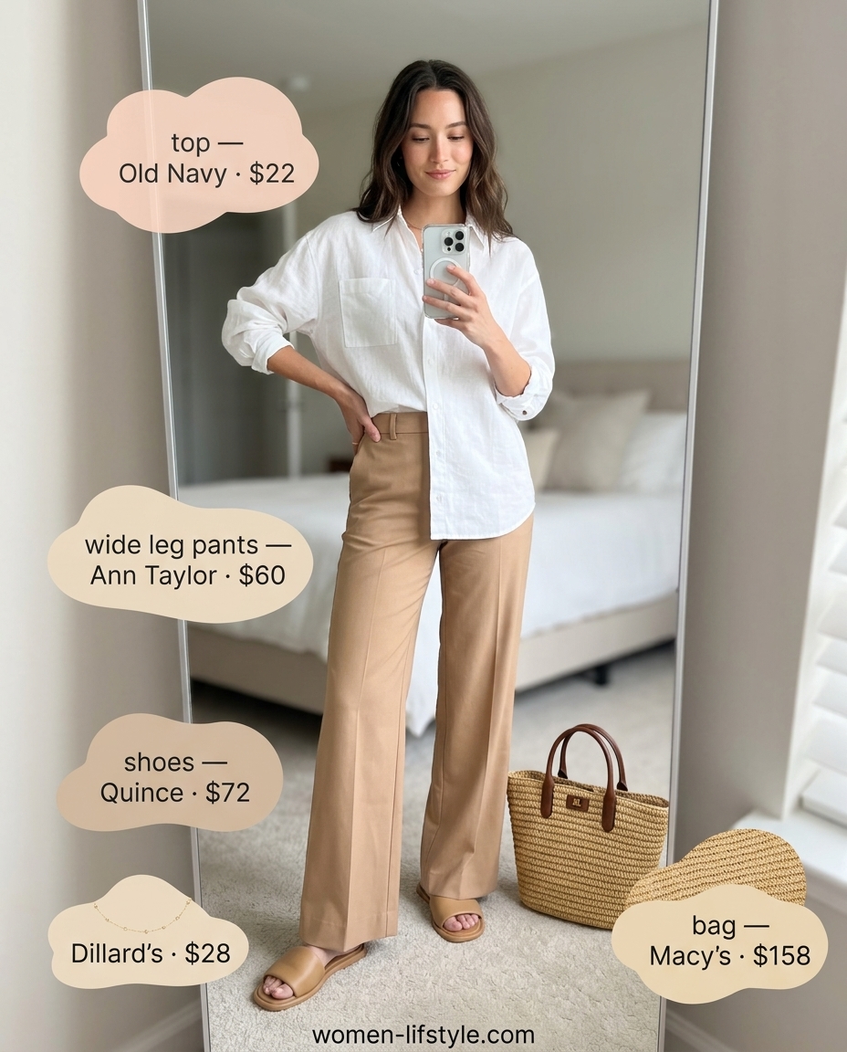 Coral wide leg pants outfit with linen shirt for hot weather summer outfits 2026. Light and breathable.