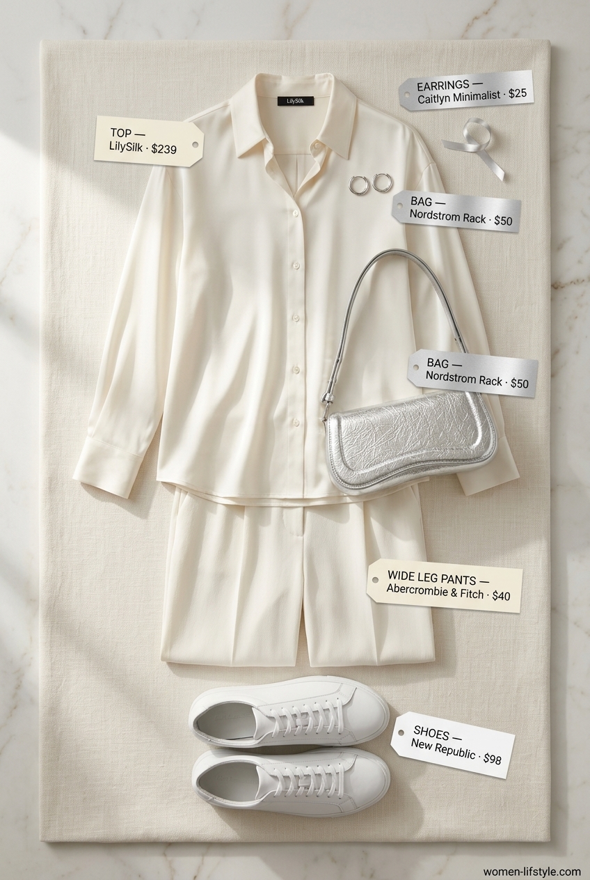 Monochromatic ivory and white outfit with wide leg pants for casual summer outfits 2026. Clean and modern.