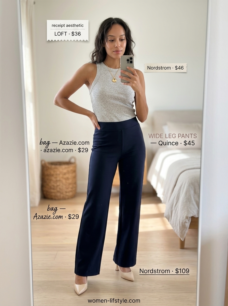 Monochrome summer outfits 2026: Taupe wide leg pants, taupe knit tank, nude heels, gold pendant, and taupe clutch.