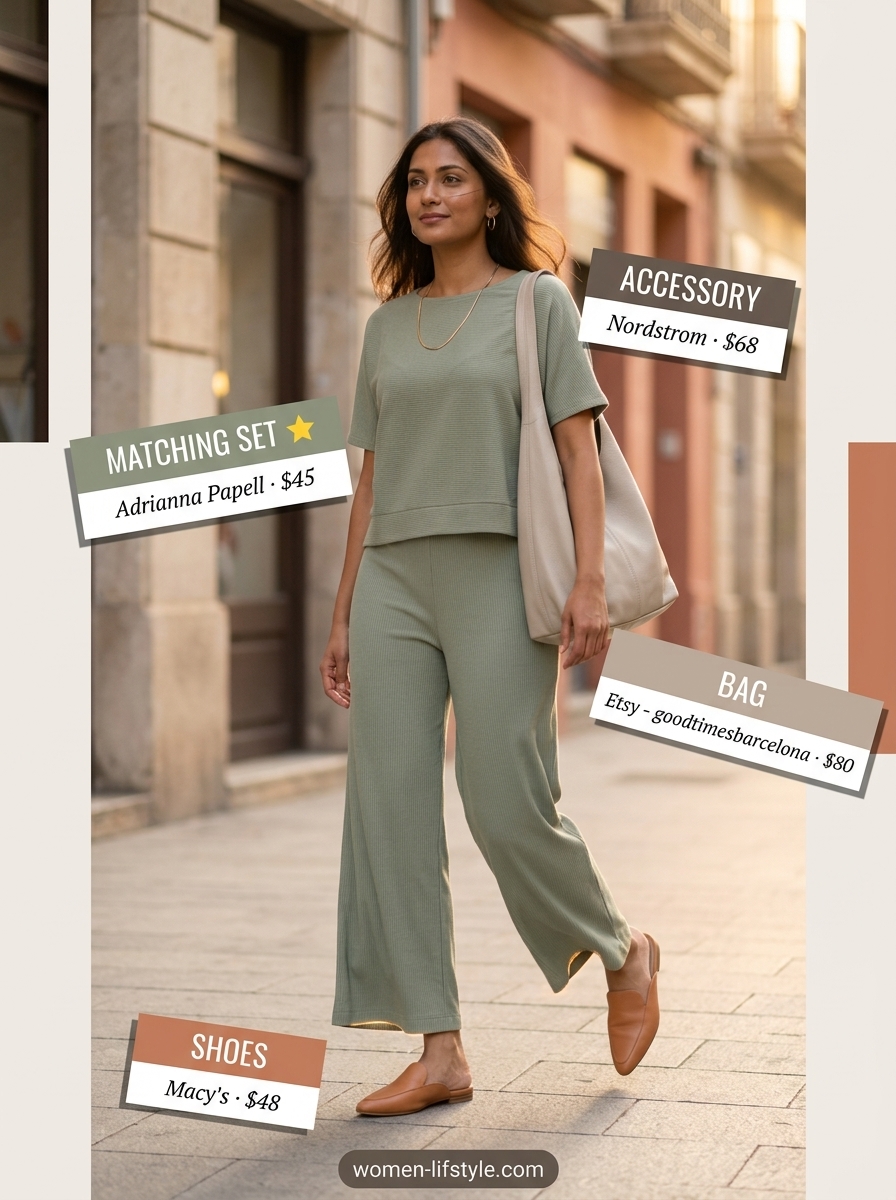 Olive green knit matching set with wide leg pants for casual summer outfits 2026. Effortless and chic.