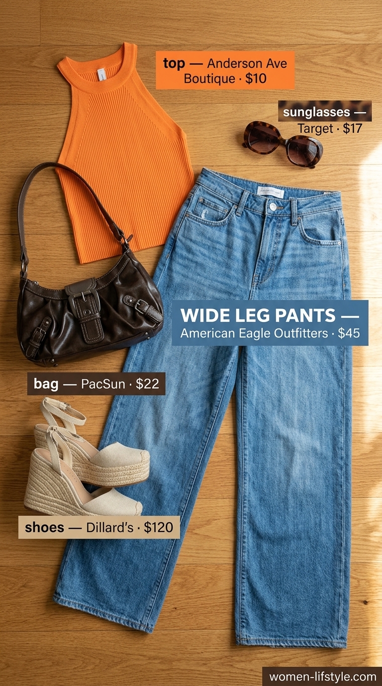 Retro summer outfits 2026: Medium wash wide leg jeans, orange halter top, tan espadrilles, and oversized sunglasses.