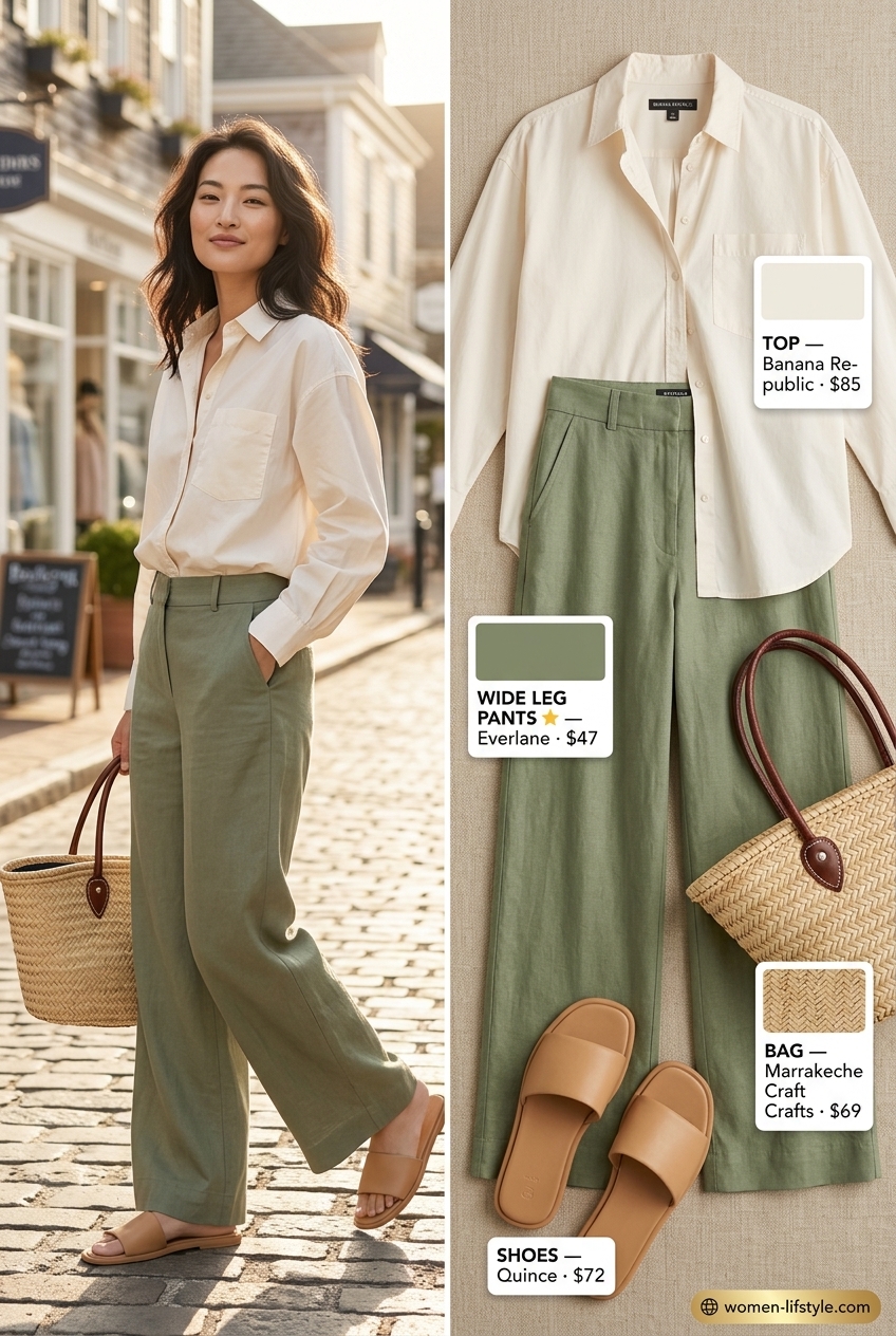Sage green linen wide leg pants outfit with oversized shirt for casual summer outfits 2026. Relaxed and airy.
