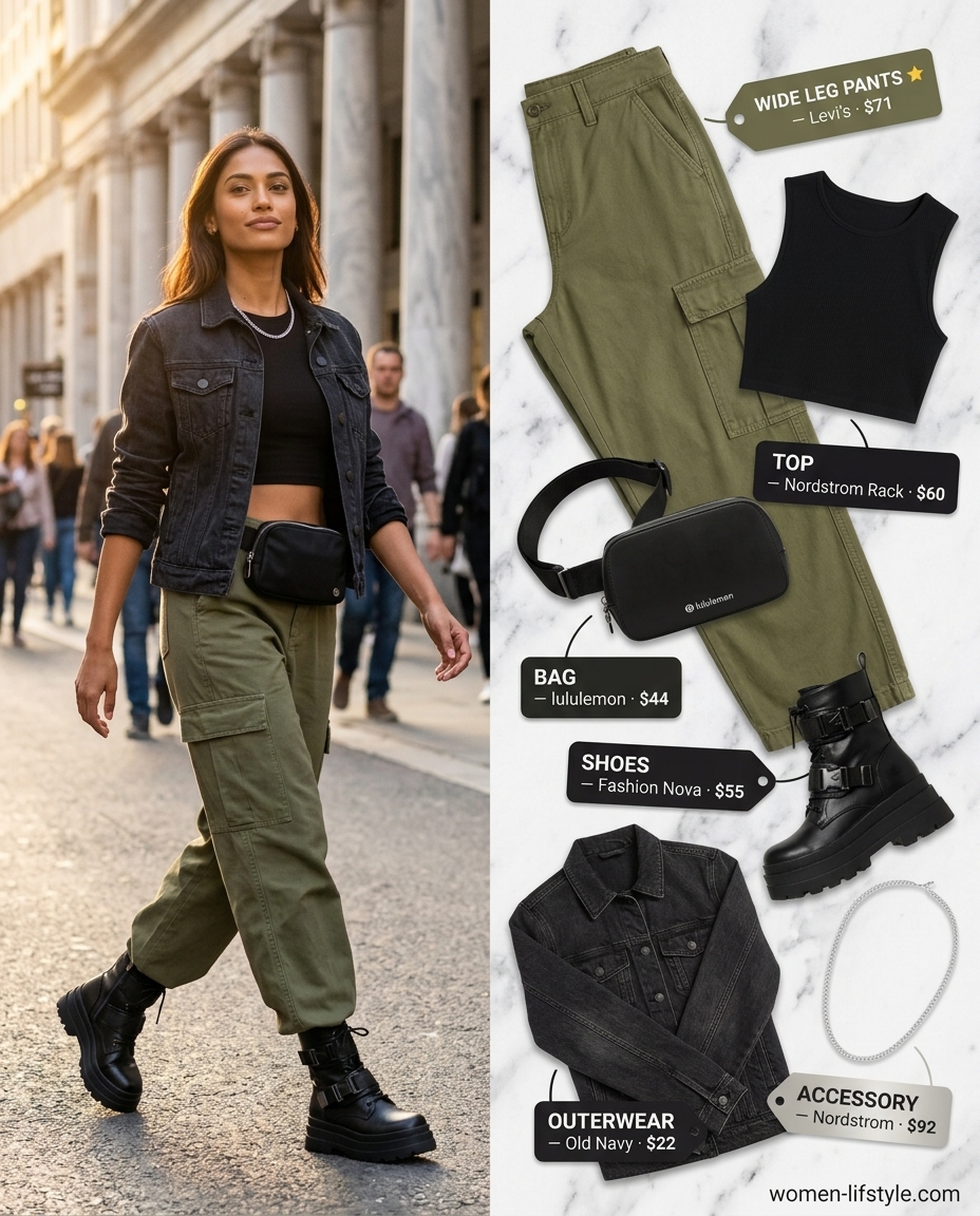 Urban explorer outfits 2026: Olive cargo pants, black crop top, denim jacket, combat boots, and belt bag.
