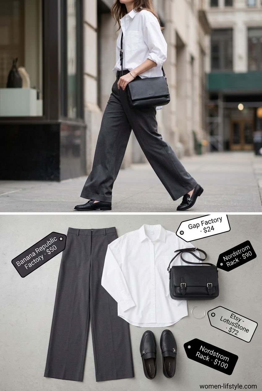 Urban summer outfits 2026: Charcoal wide leg pants, oversized white button-down shirt, black loafers, and silver cuff.