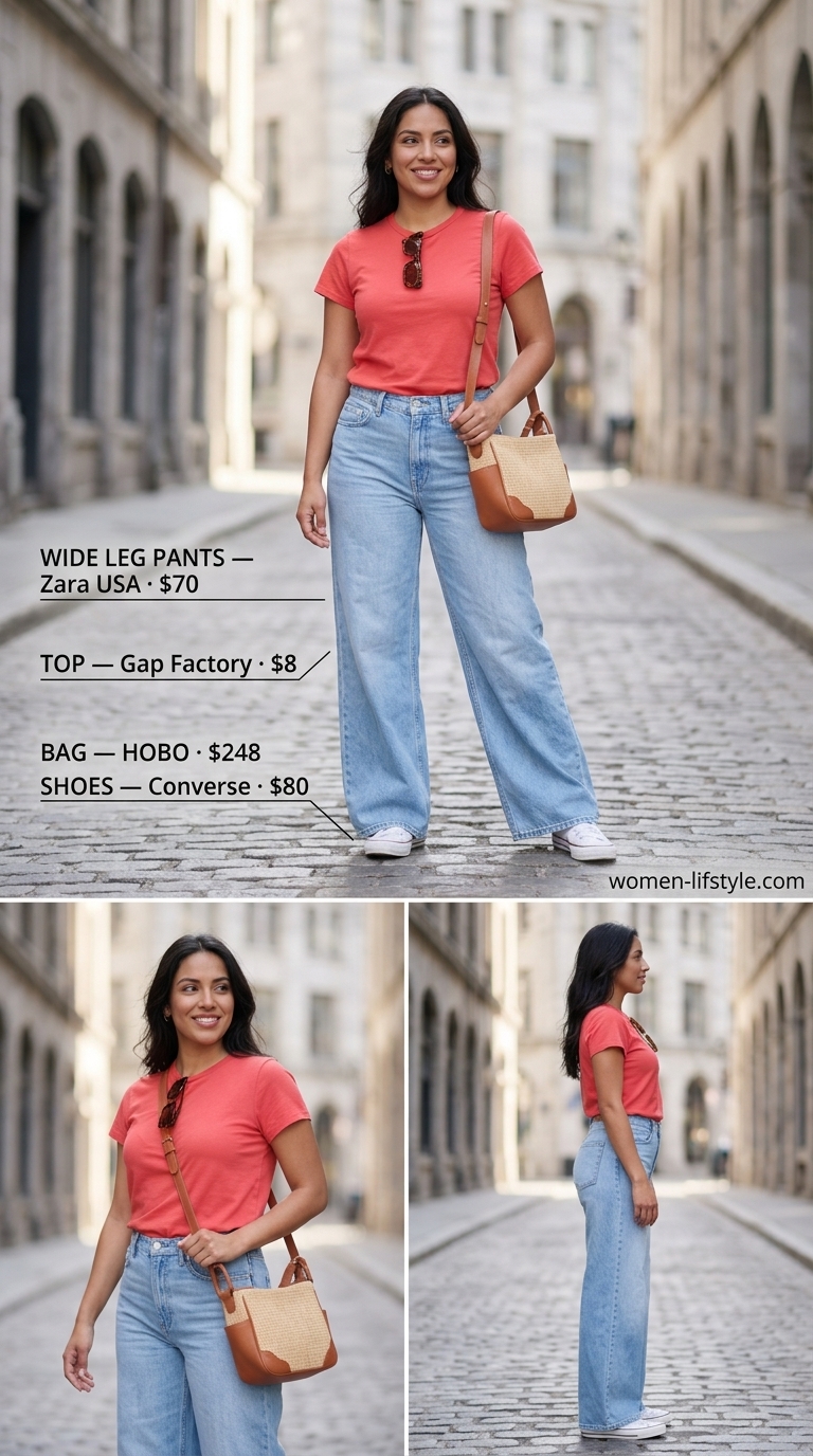 Weekend brunch outfits 2026: Light wash wide leg jeans, coral knit top, straw bag, white sneakers, and sunglasses.