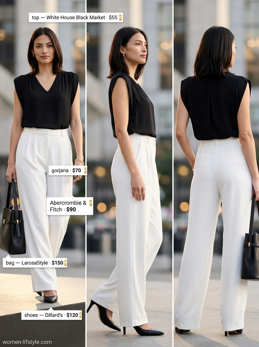 Work transition outfits 2026: Cream wide leg trousers, black sleeveless blouse, black pumps, gold bracelet, and tote.