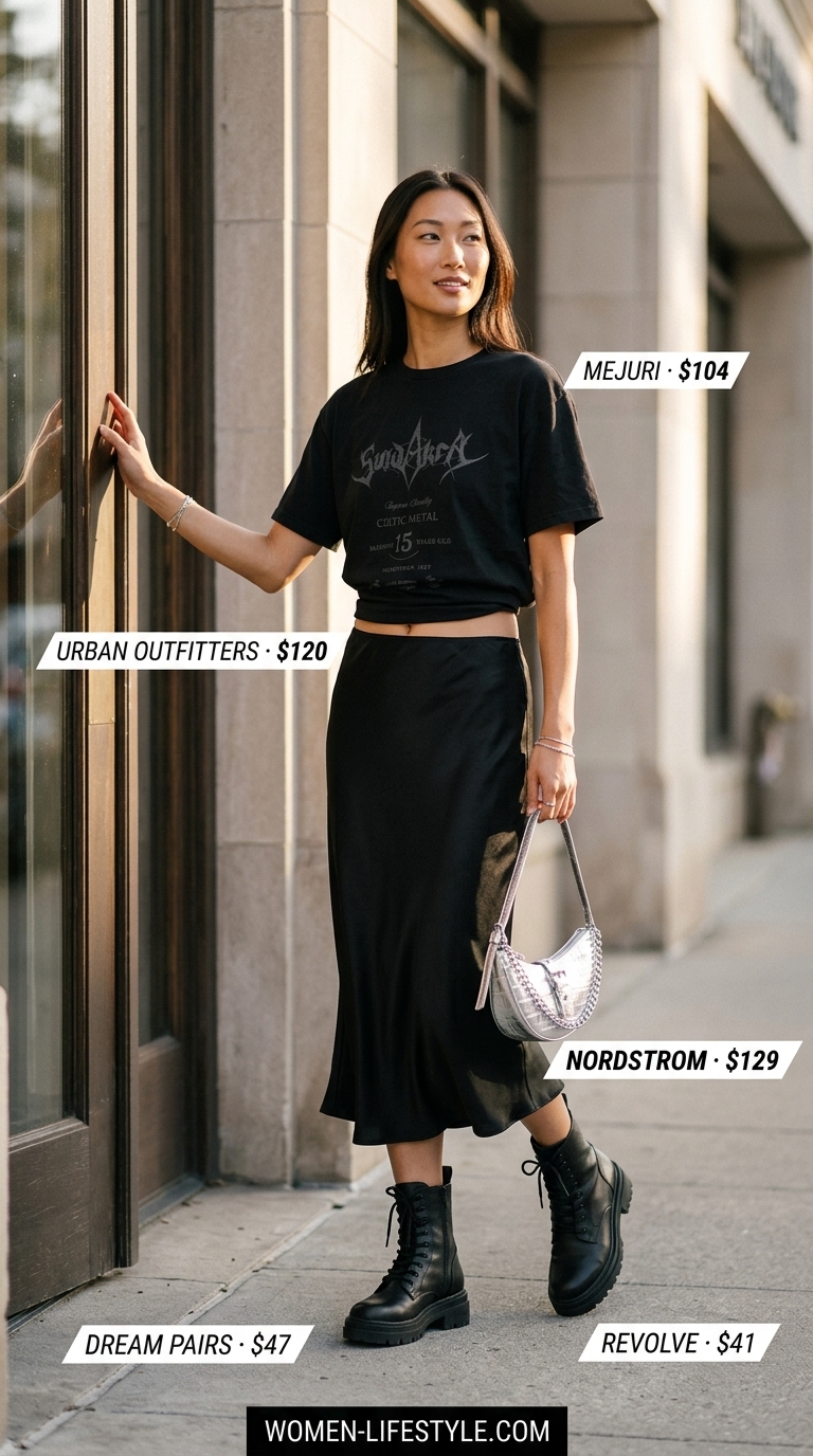 Casual tall women summer outfits 2026: Black satin midi skirt, graphic tee, combat boots, silver bag.