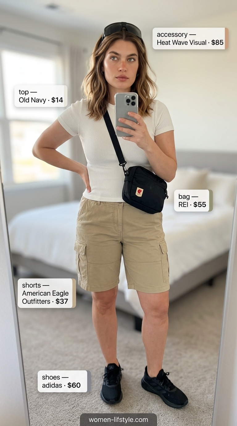 Casual tall women summer outfits 2026: Khaki cargo shorts, white t-shirt, black sneakers, and black bag.