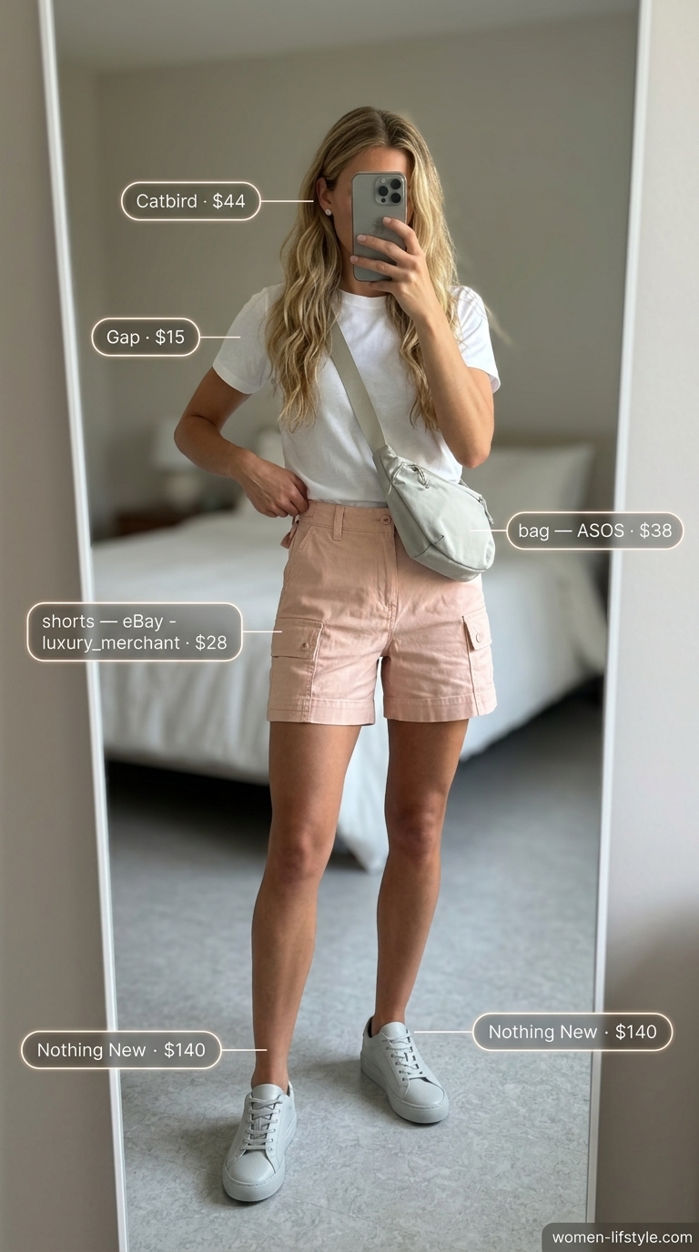 Casual tall women summer outfits 2026: Blush pink cargo shorts, white tee, grey sneakers, and crossbody bag.