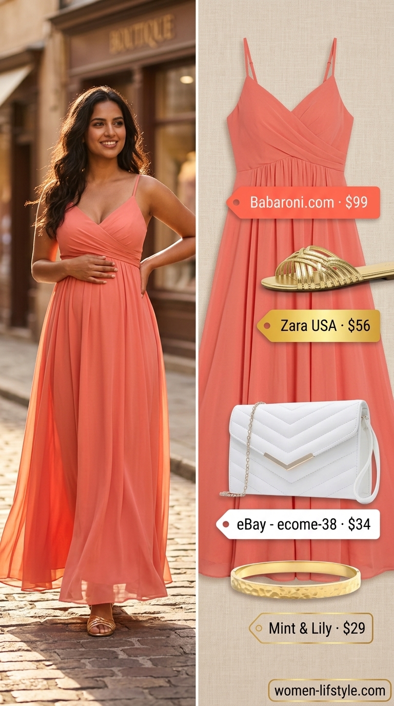 Casual tall women summer outfits 2026: Coral maxi dress, gold sandals, gold bracelet, white clutch.