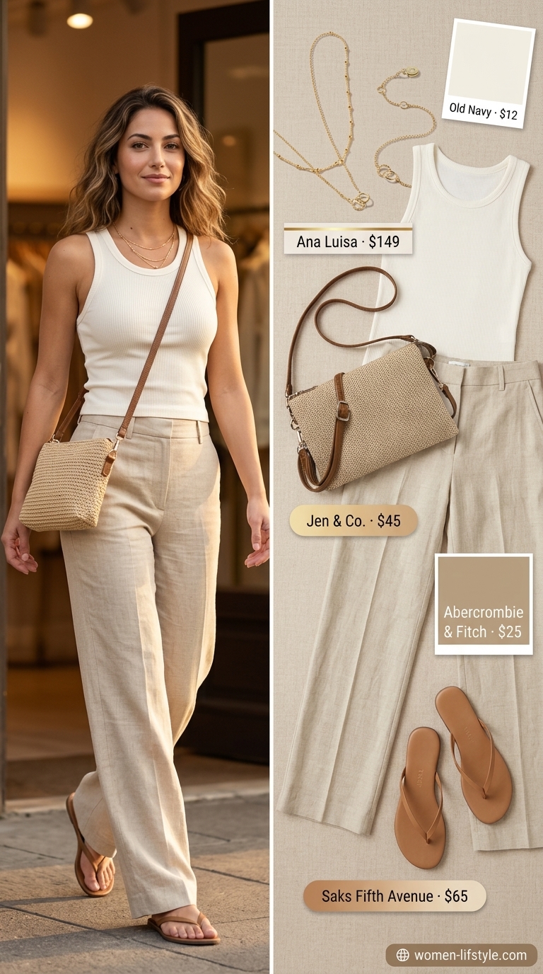 Casual tall women summer outfits 2026: Cream linen set, beige straw bag, tan sandals, gold necklaces.