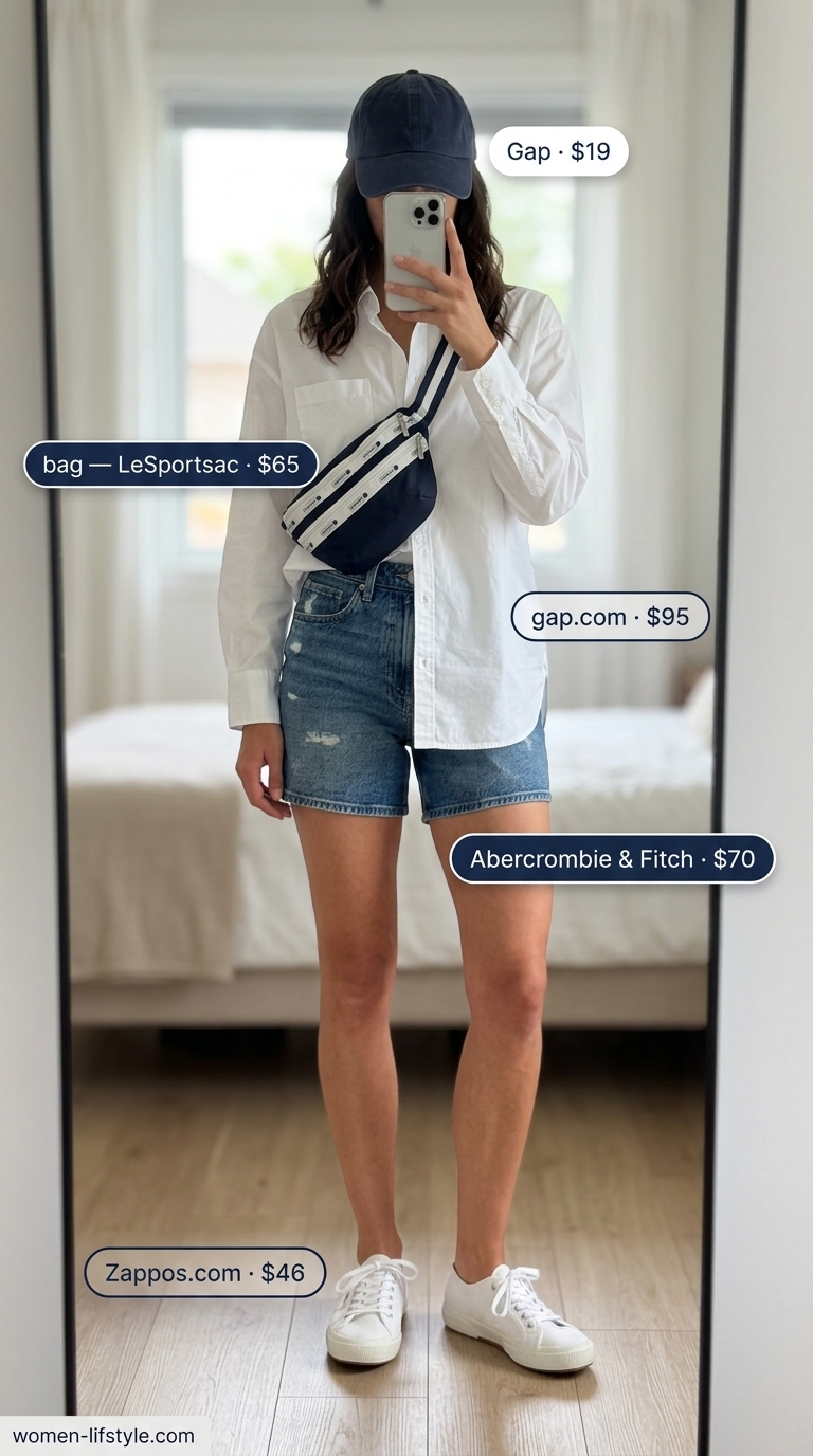 Casual tall women summer outfits 2026: Denim shorts, oversized white shirt, navy cap, and white sneakers for a shopping trip.