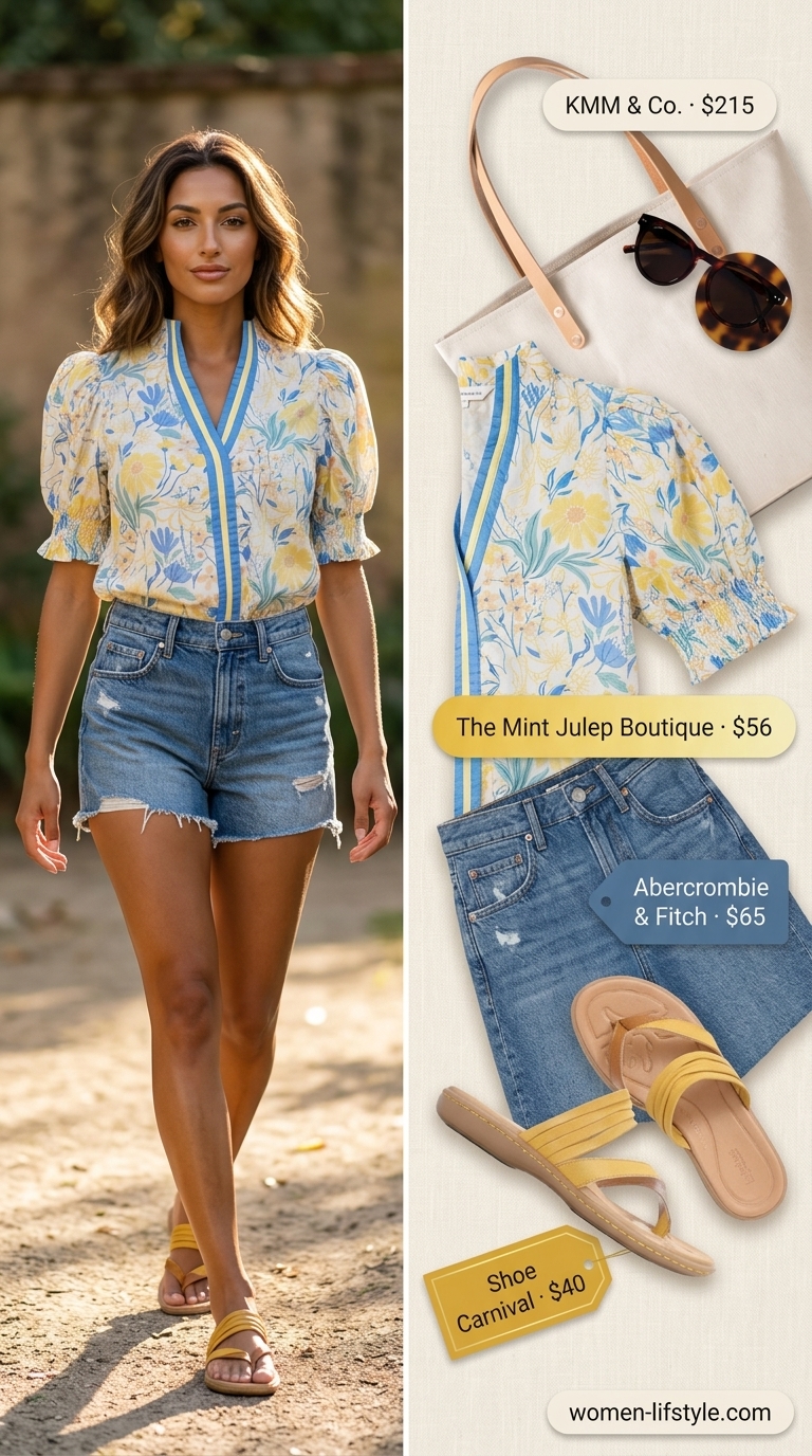 Casual tall women summer outfits 2026: Denim shorts, floral blouse, mustard sandals, canvas tote, sunglasses.