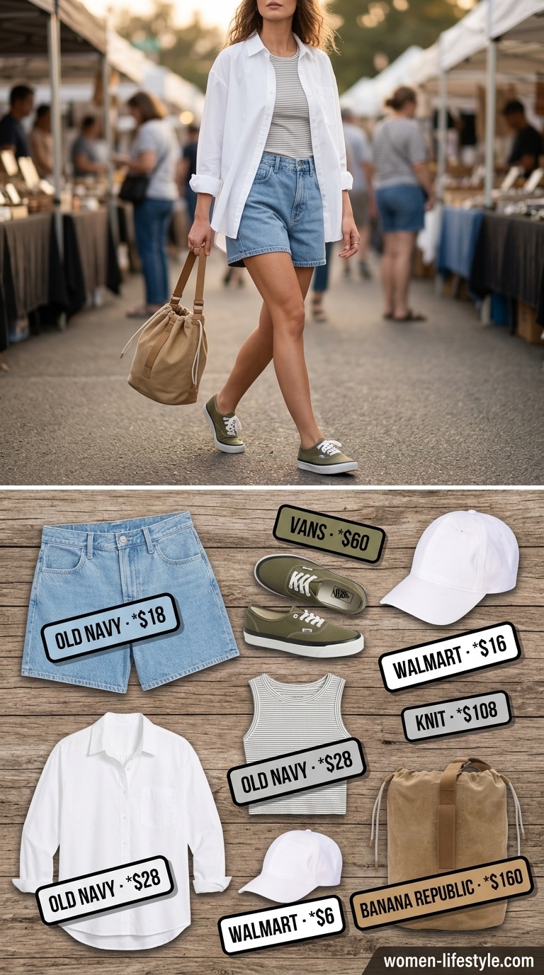 Casual tall women summer outfits 2026: Denim shorts, oversized white shirt, olive sneakers, and baseball cap for weekend errands.