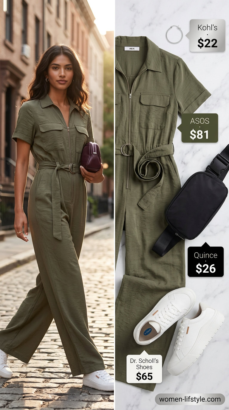 Casual tall women summer outfits 2026: Olive green utility jumpsuit, white sneakers, and black belt bag.