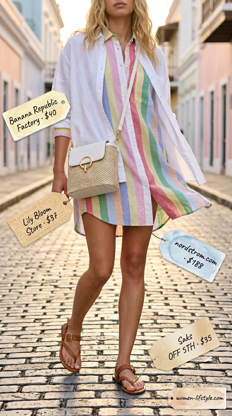 Casual tall women summer outfits 2026: Light blue linen shirtdress, tan sandals, straw bag, white linen shirt.