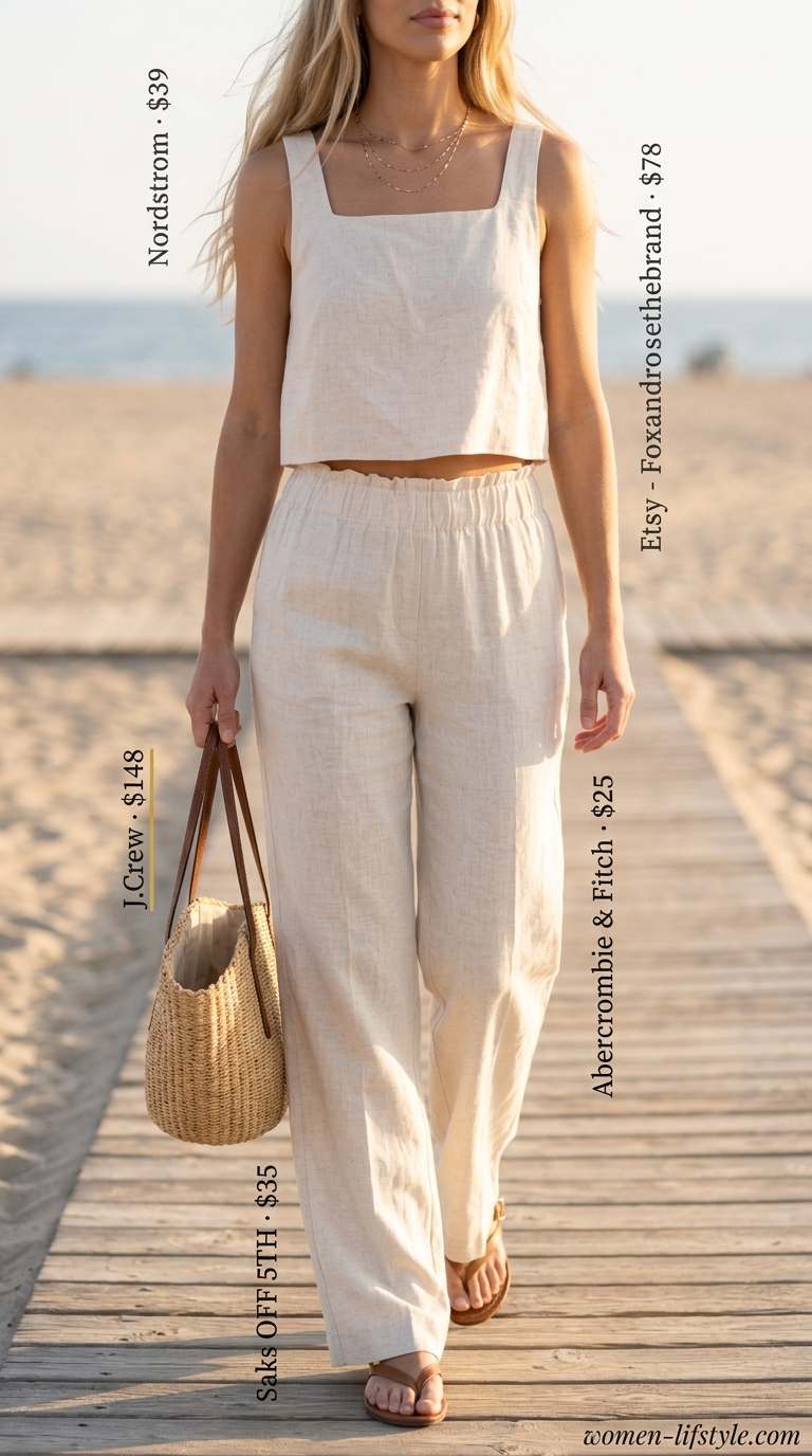 Casual tall women summer outfits 2026: Cream linen set with wide-leg pants, cropped tank, gold necklaces, and slide sandals for beach vacation.