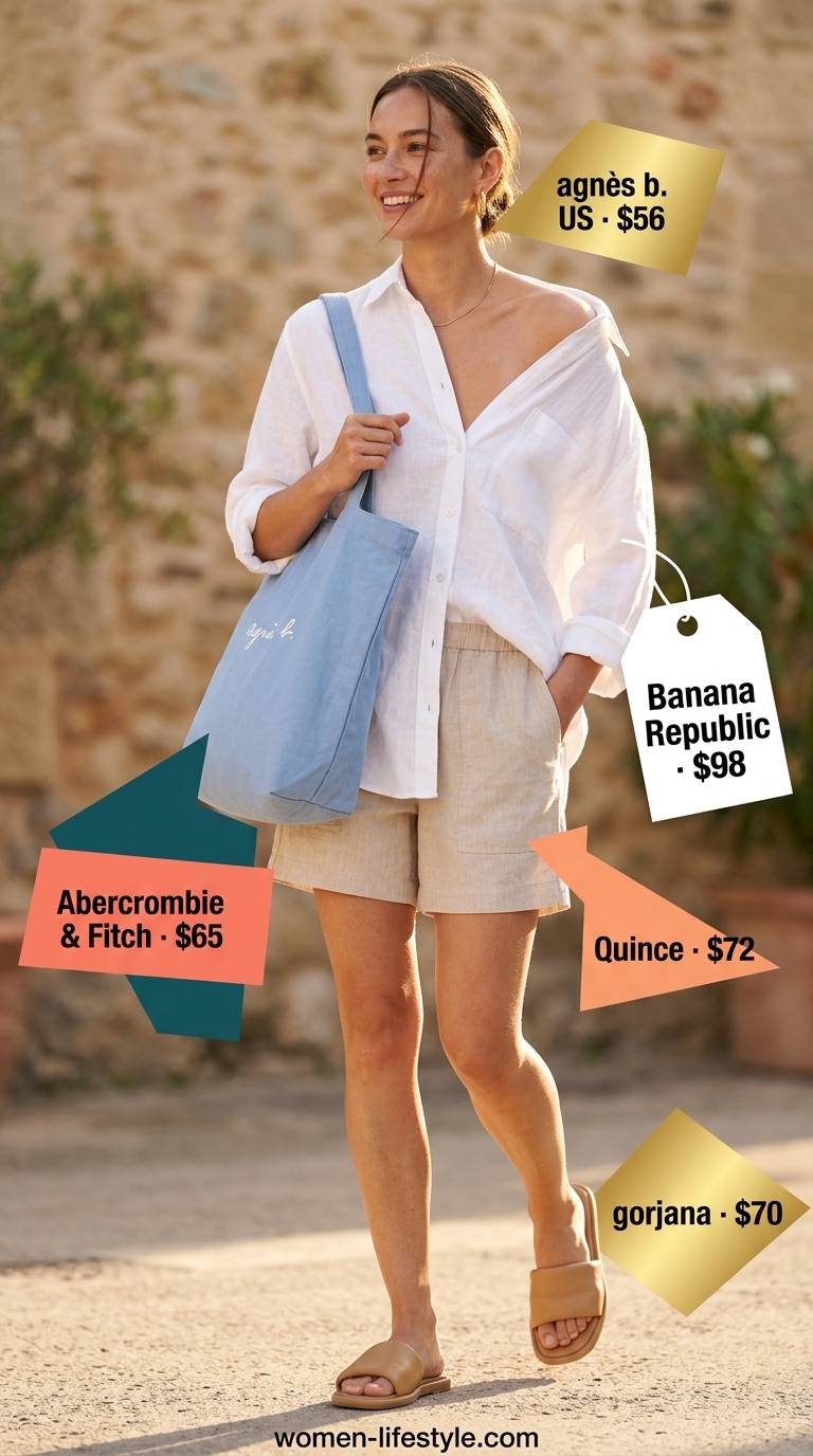 Casual tall women summer outfits 2026: Linen shorts, oversized white shirt, gold earrings, and canvas tote for a relaxed beach vacation.