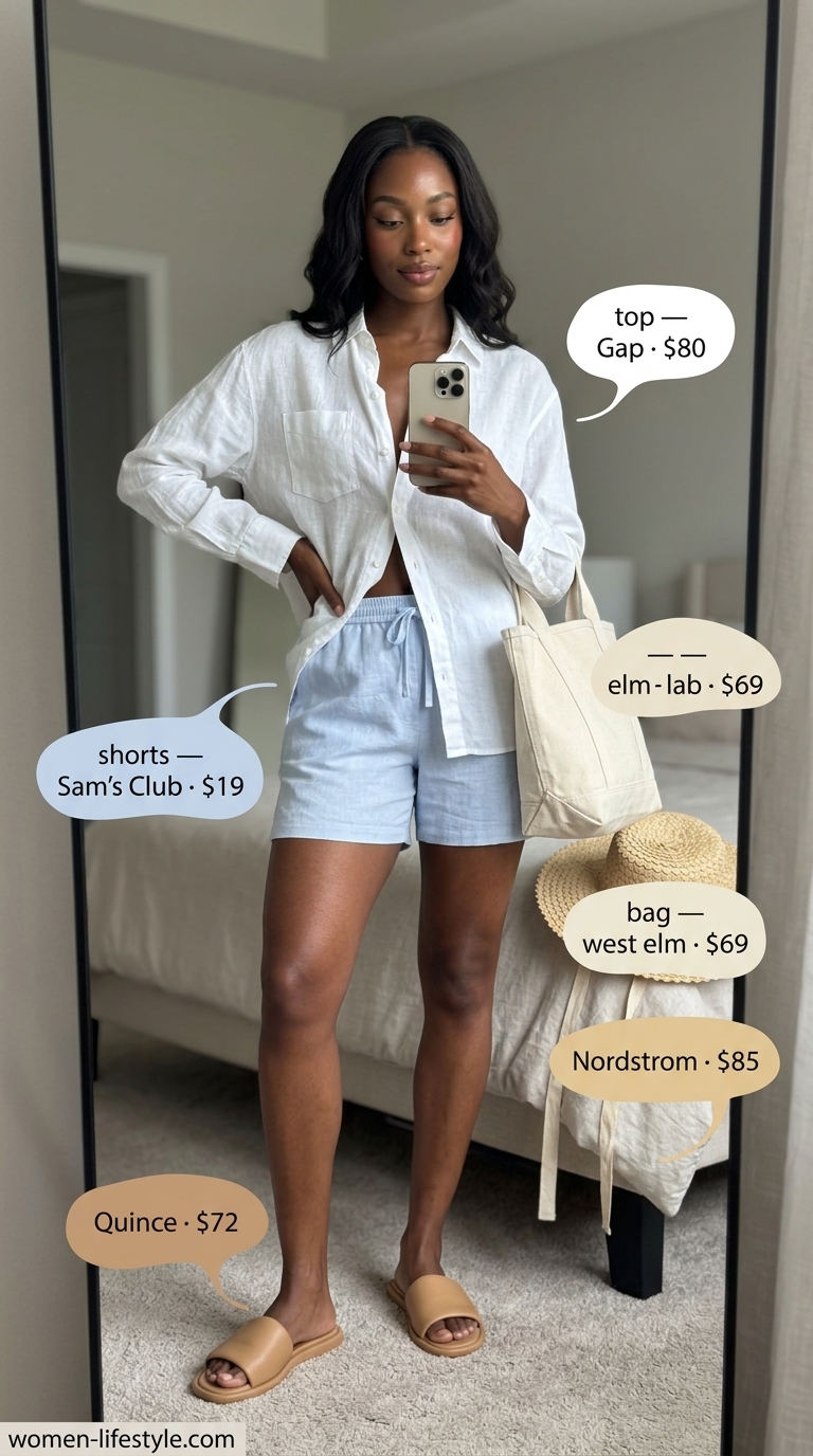 Casual tall women summer outfits 2026: Light blue linen shorts, white linen shirt, straw hat, and tan slides.