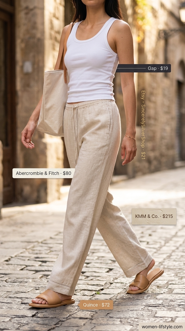 Casual tall women summer outfits 2026: Light beige linen trousers, white ribbed tank, gold bracelet, and tan slides.