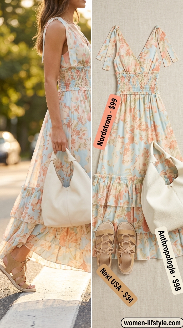 Casual tall women summer outfits 2026: Coral and teal floral maxi dress, straw hat, espadrilles, and hobo bag for a summer picnic.