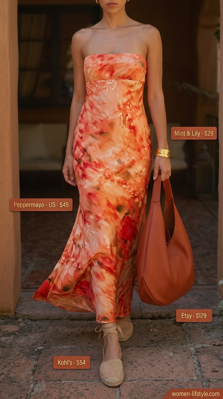 Casual tall women summer outfits 2026: Flowy coral floral maxi dress, tan espadrilles, and gold cuff.