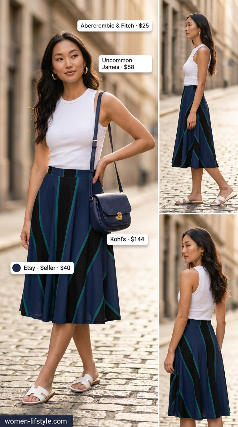 Casual tall women summer outfit 2026: Navy abstract print midi skirt, white knit top, gold earrings, and white slides.