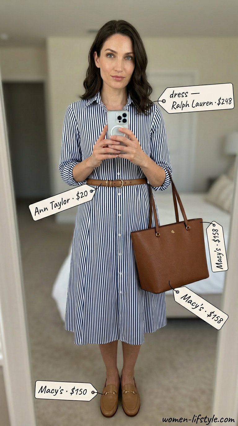 Casual tall women summer outfits 2026: White navy stripe shirtdress, tan loafers, tan tote, tan belt.