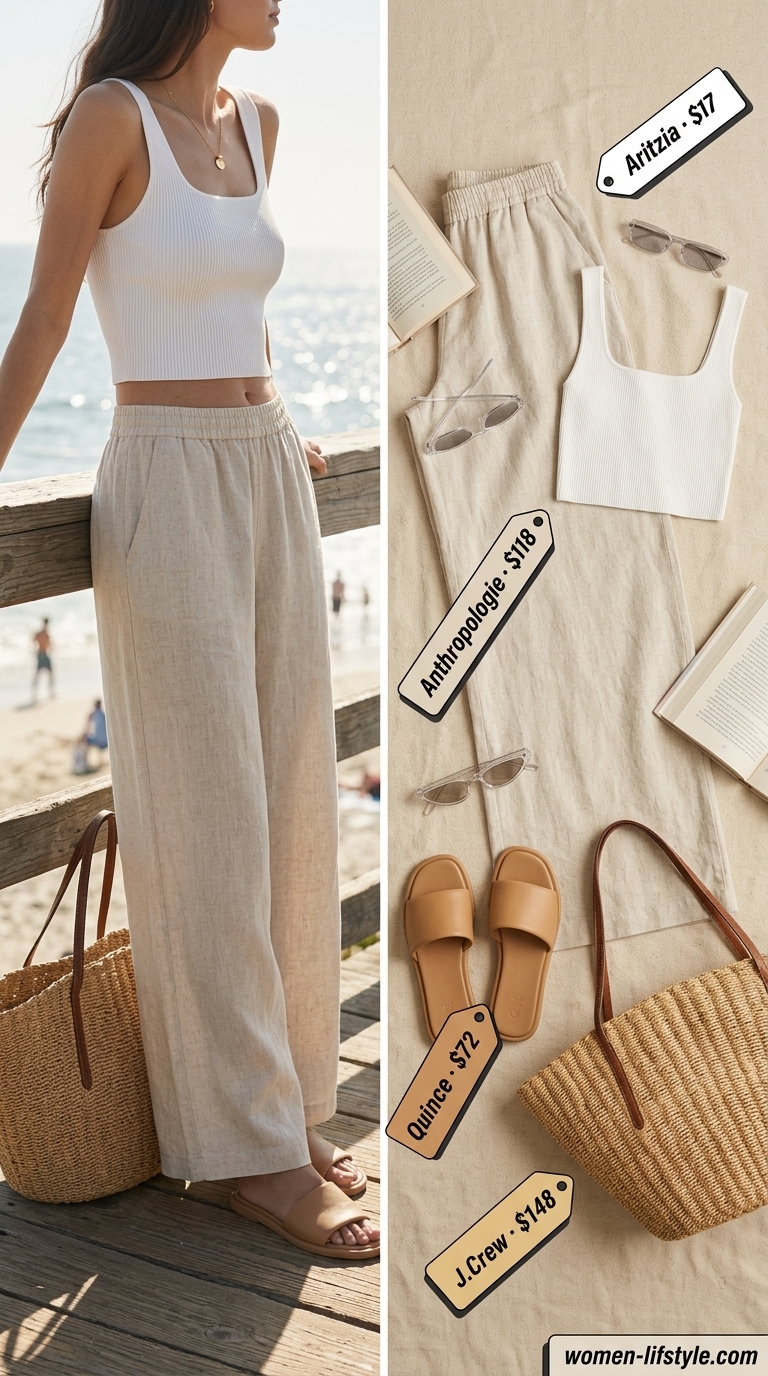 Casual tall women summer outfits 2026: Oatmeal linen pants, cream tank, tan sandals, gold necklace, straw tote.