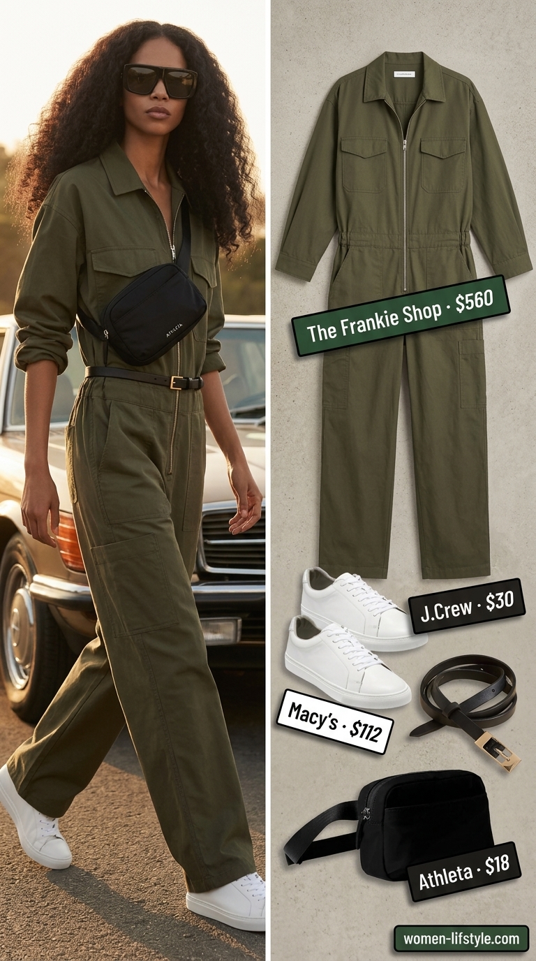 Casual tall women summer outfits 2026: Olive green utility jumpsuit, black belt bag, white sneakers, black belt.