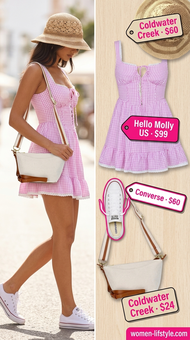 Casual tall women summer outfits 2026: Pink gingham sundress, white sneakers, straw hat, canvas bag.