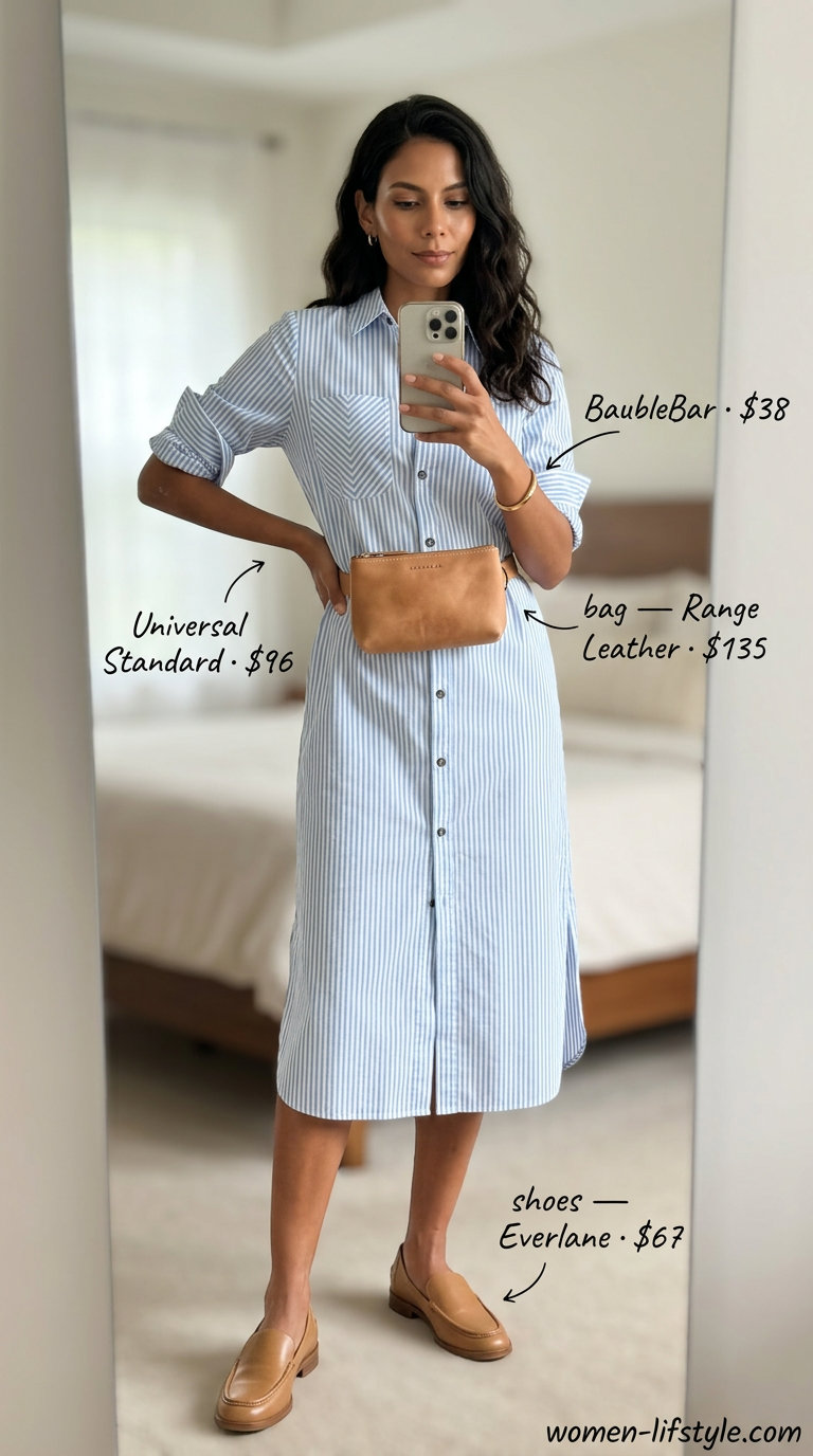 Casual tall women summer outfits 2026: Light blue pinstripe shirt dress, tan loafers, and belt bag.