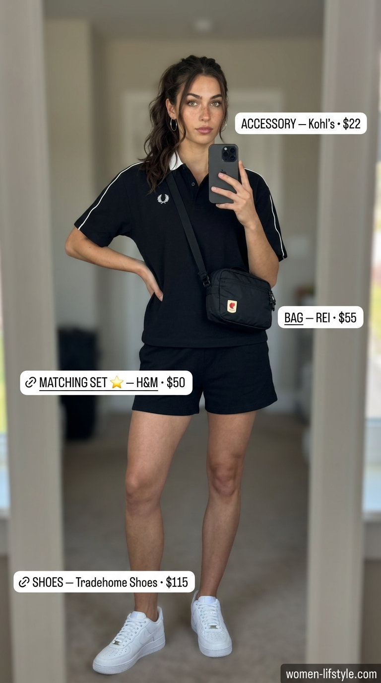 Casual tall women summer outfits 2026: Navy polo and shorts set, crossbody bag, and white fashion sneakers for a sporty day out.