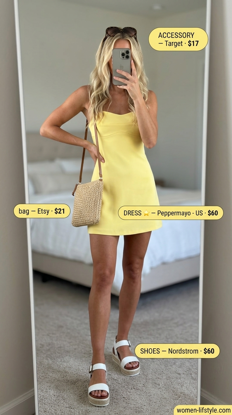 Casual tall women summer outfits 2026: Bright yellow sundress, white espadrilles, straw bag, and sunglasses.