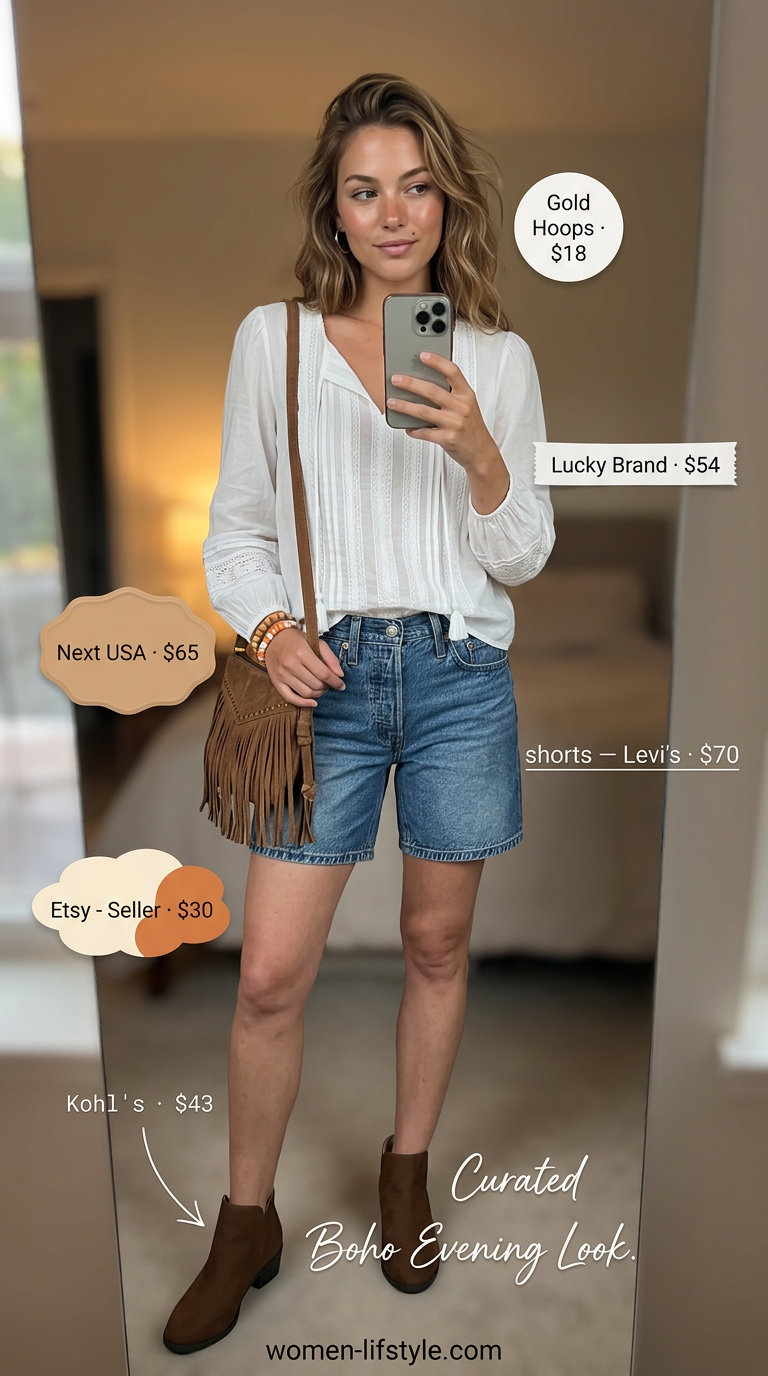 Boho denim shorts and flowy blouse for casual summer date night outfits 2026. Suede ankle boots, beaded bracelets.