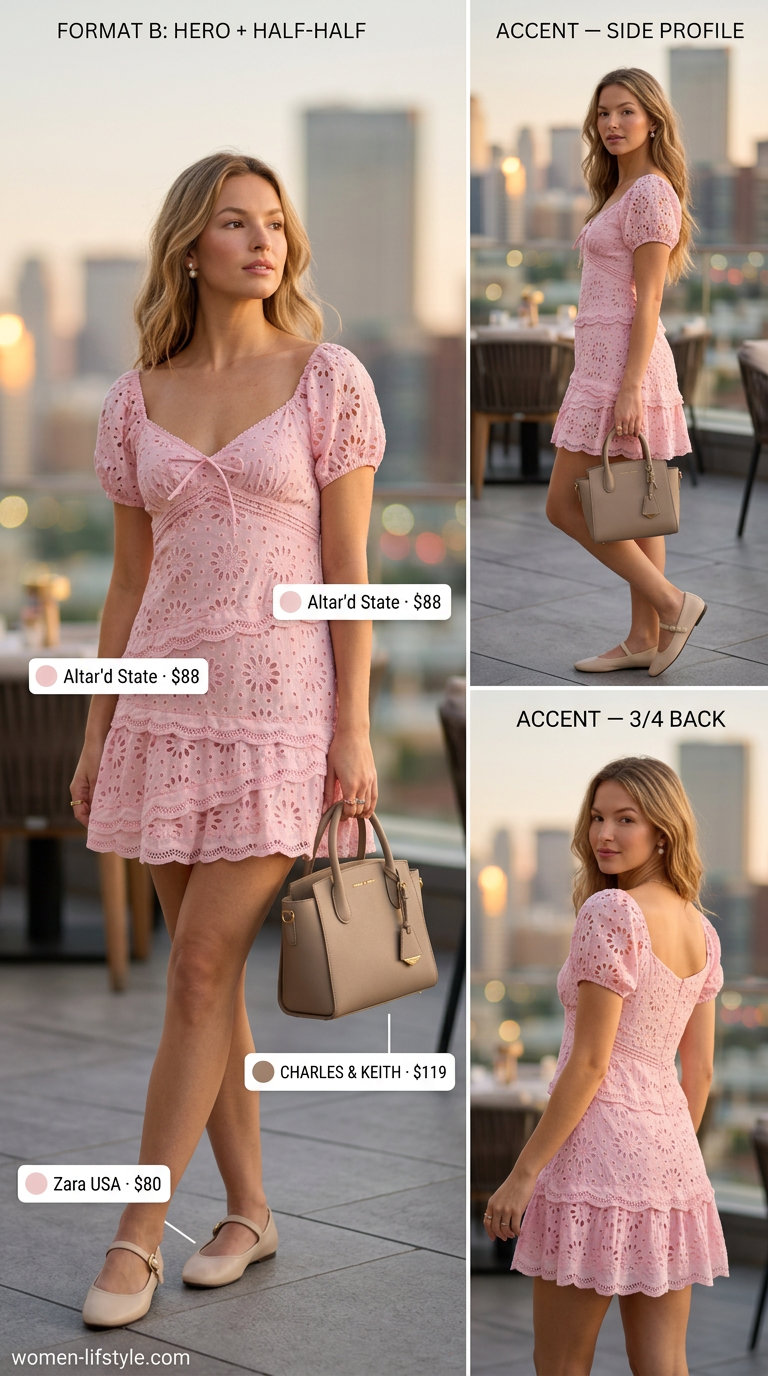 Chic summer date night outfit 2026: Blush eyelet mini dress, ballet flats, pearl earrings & top-handle bag.