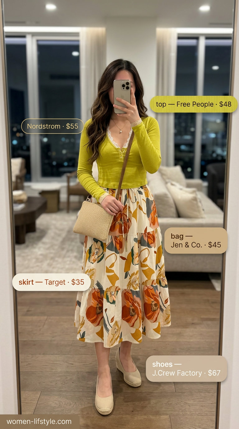 Romantic floral midi skirt and cream tank for chic summer date night outfits 2026. Wedge espadrilles, straw bag.