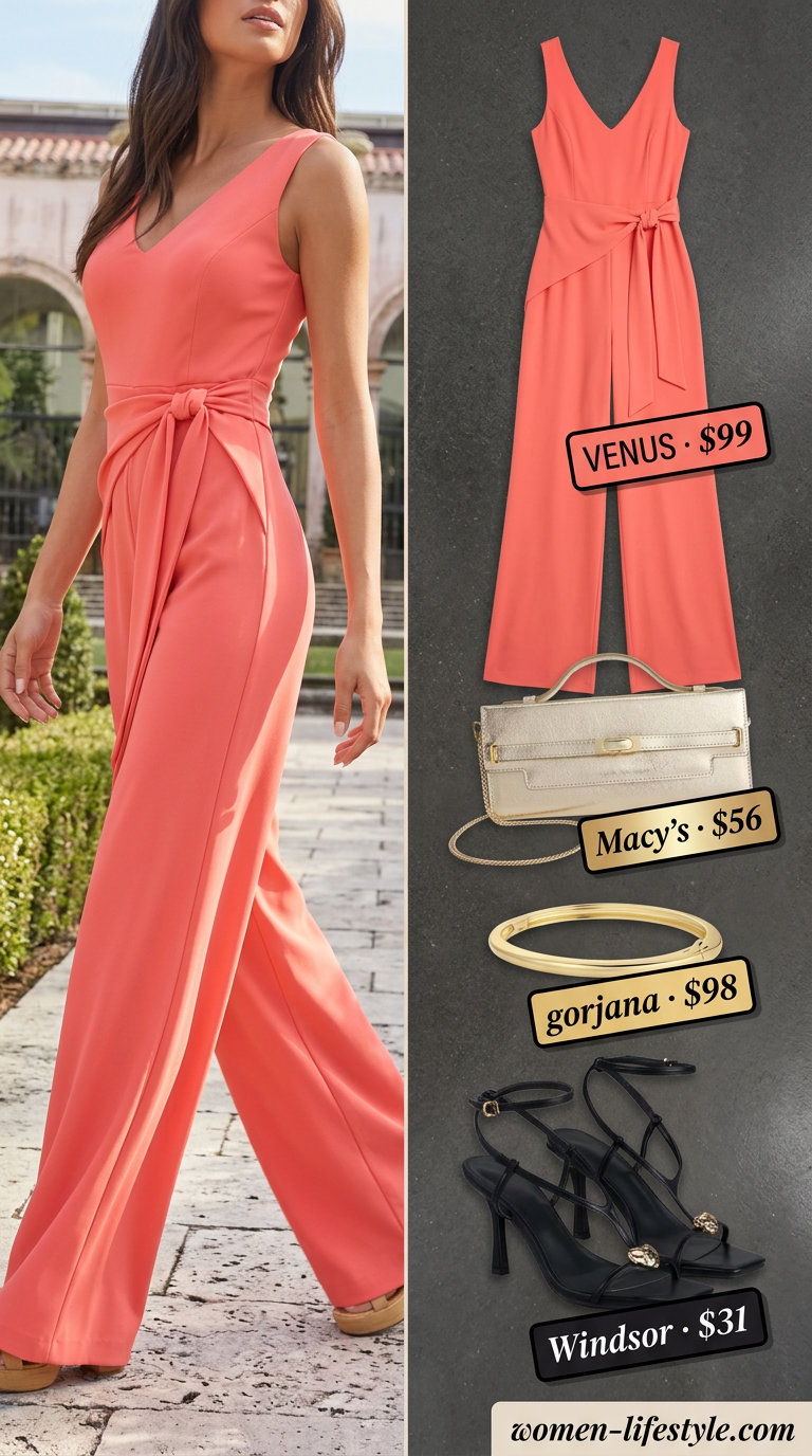 Chic summer date night outfit 2026: Coral wide-leg jumpsuit, stiletto heels, gold cuff & clutch.