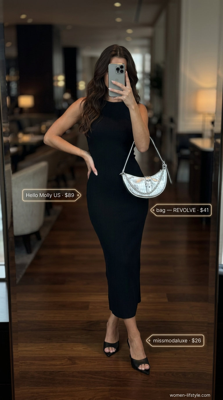 Chic summer date night outfit 2026: Black knit midi dress, metallic bag, heeled mules & earrings.