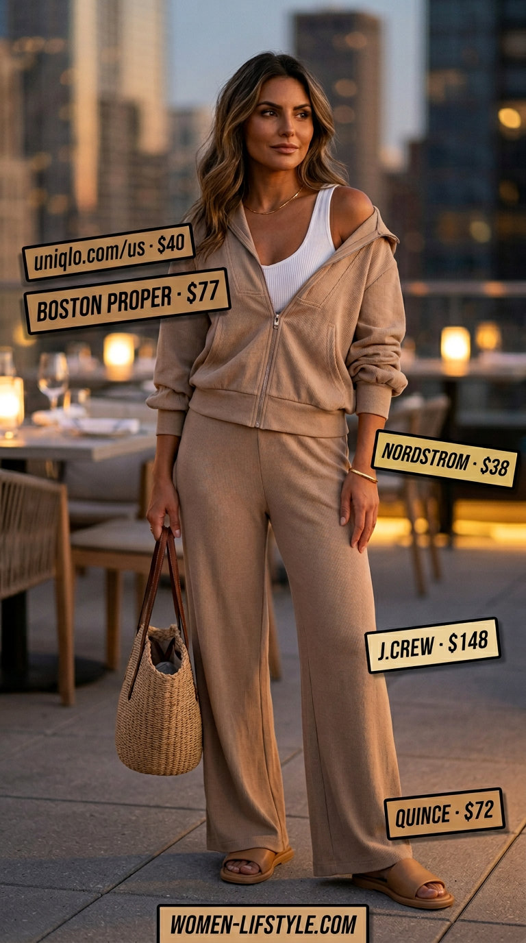 Chic summer date night outfit 2026: Linen set, slide sandals, straw tote & gold bangle.