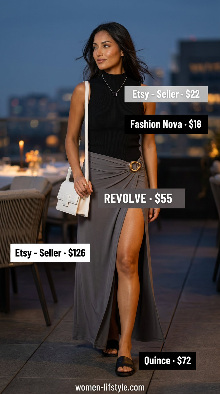 Minimalist stone grey maxi skirt and black tank for chic summer date night outfits 2026. Leather sandals, silver pendant.