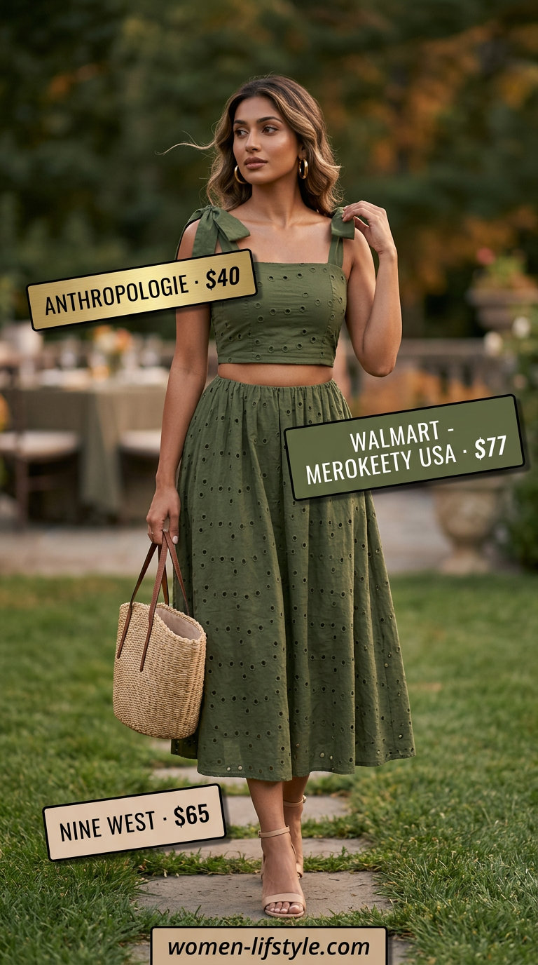Chic summer date night outfit 2026: Olive green midi dress, block heels, straw tote & gold hoops.