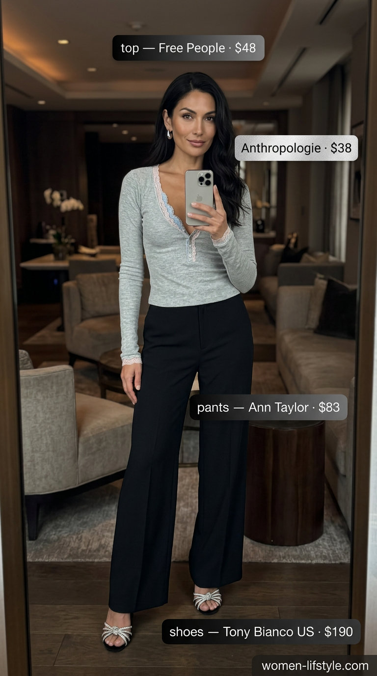 Glamorous black wide-leg pants and corset top for chic summer date night outfits 2026. Strappy heels, jeweled clutch.