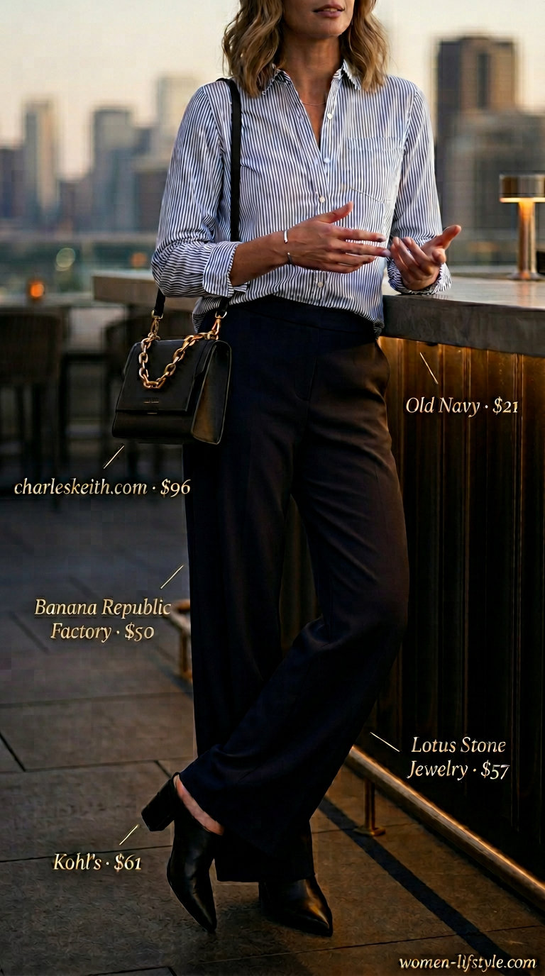 Chic summer date night outfit 2026: Navy wide-leg pants, white oversized shirt, mules & crossbody.
