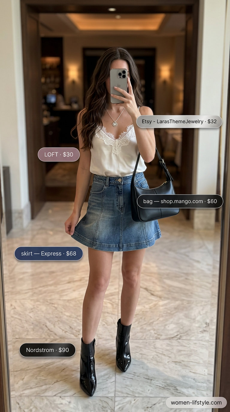 Chic summer date night outfit 2026: Denim mini skirt, ivory lace cami, black ankle boots, silver necklace.