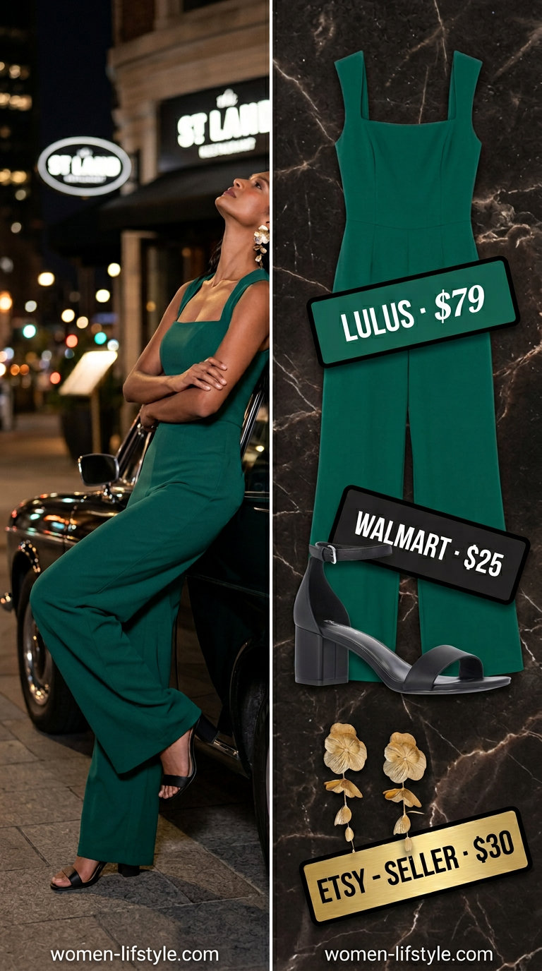 Chic summer date night outfit 2026: Emerald green wide-leg jumpsuit, black sandals, gold earrings, metallic clutch.